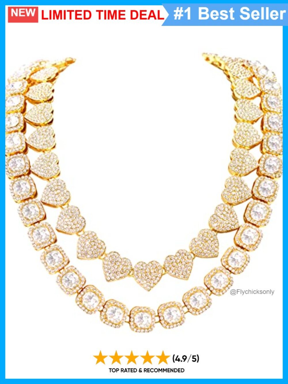 Rhinestone Heart Cuban Link Necklace Set 15MM Plated Alloy